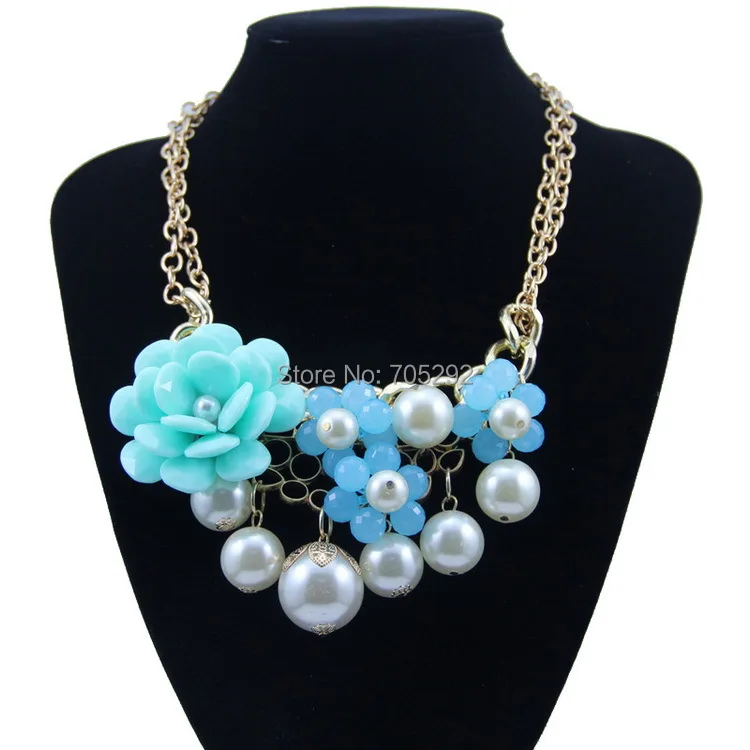 New Spring Resin Teardrop & Pearl Flower Pendants Statement Necklace