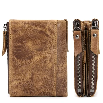 

Men Genuine Leather Double Zipper Wallet Cowhide Bifold Coin Purse Card Holder
