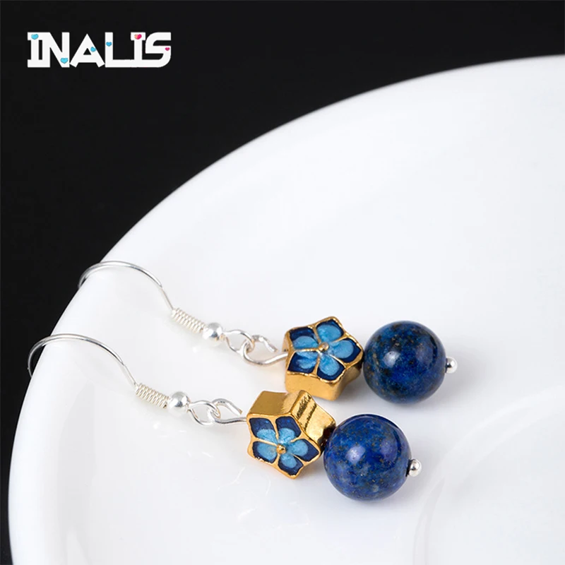

INALIS New Statement S925 Sterling Silver Ear Hook Dripping Oil Flower Round Blue Lapis Dangle Ethnic Drop Earrings for Women