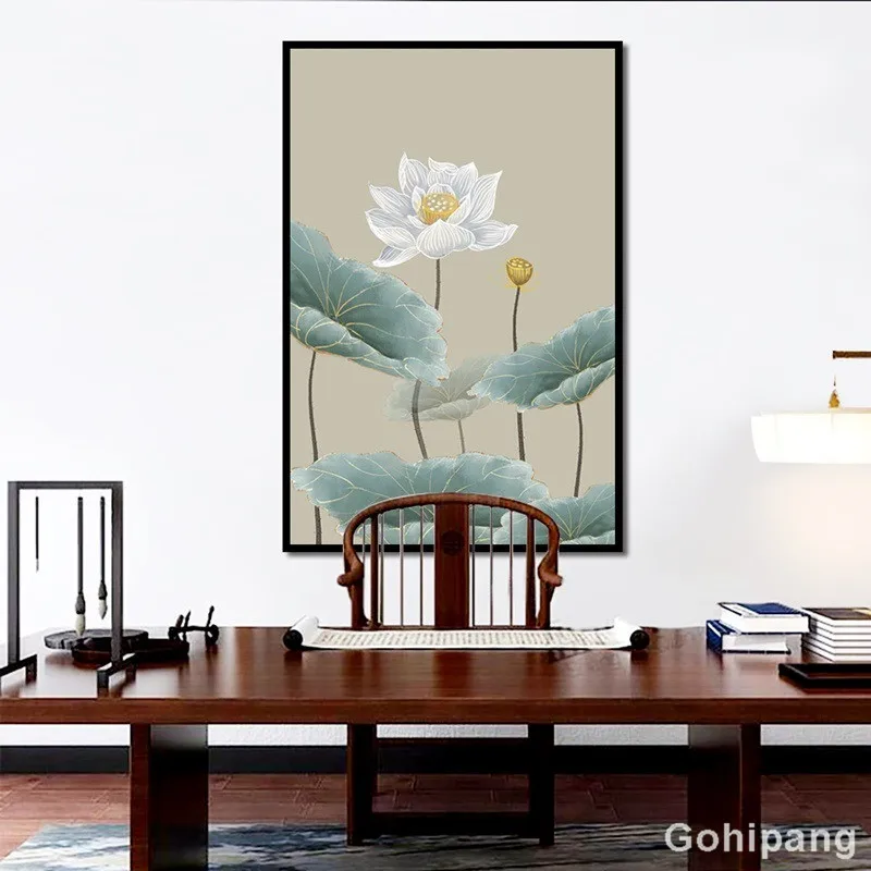 B624361（简约中式中国风手绘荷花装饰画50×70）-4
