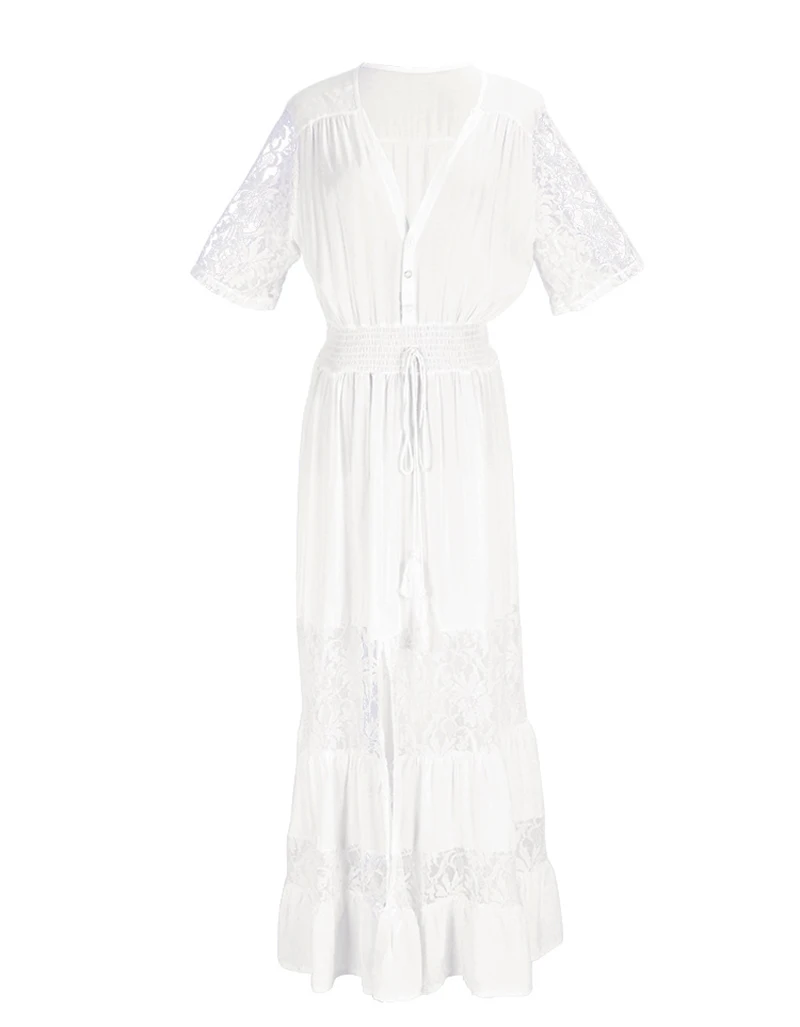 Кружевное белое длинное платье в стиле пэчворк, богемное платье с v-образным вырезом и кисточками, сексуальные платья макси для женщин, распродажа