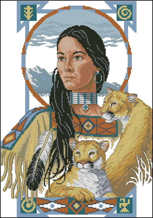 cs-2094 Cross Stitch Kit Noble Reflections Indian Lady Woman Girl and Leopards Tiger dim 13633