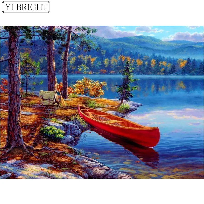 

5D DIY Full Square Diamond Painting Cross Stitch riverside boat 3D Diamond Embroidery Rhinestone Mosaic Home Decor XY1