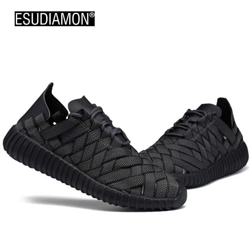 

ESUDIAMON New Fashion Weave Men Casual Shoes Spring/Summer Cool Black Lace Up Flats Shoes Breathable Zapatillas Super Light Shoe