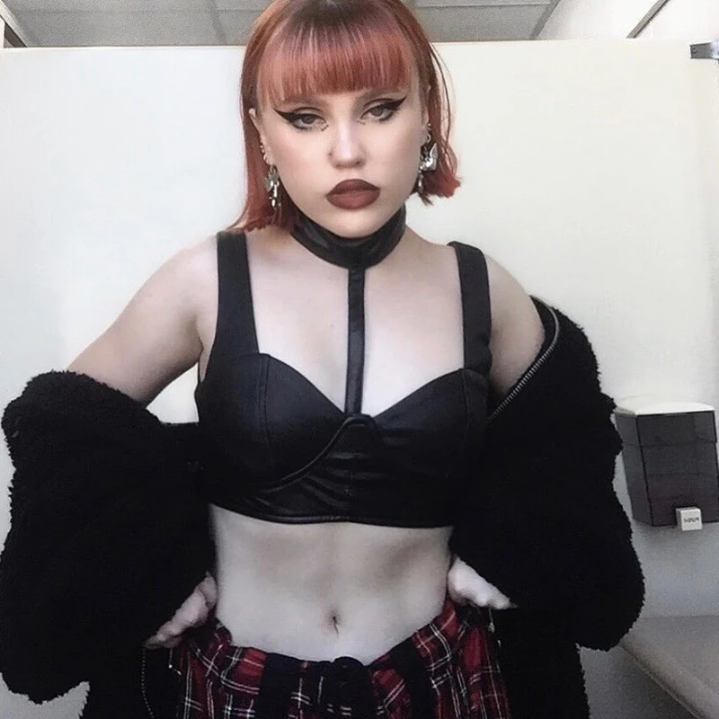 

Short Crop Tops Strap Black Sexy Women Boob Tube Leather Vest Low Chest Club Top Sleeveless Holter Camisole Summer Female