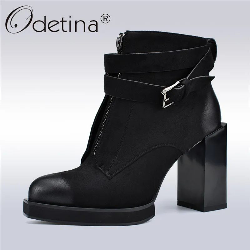 Meilleur Odetina Nouveau Troupeau De Mode En Cuir Dame Cheville Bottes Carré Haute Talons Plate Forme Boucle Sangle Avant Zipper Femmes Bottes D hiver Chaussures