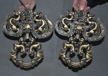 

wedding decoration A 9" old China bronze Dragon beast statue Door Latch Knocker pair