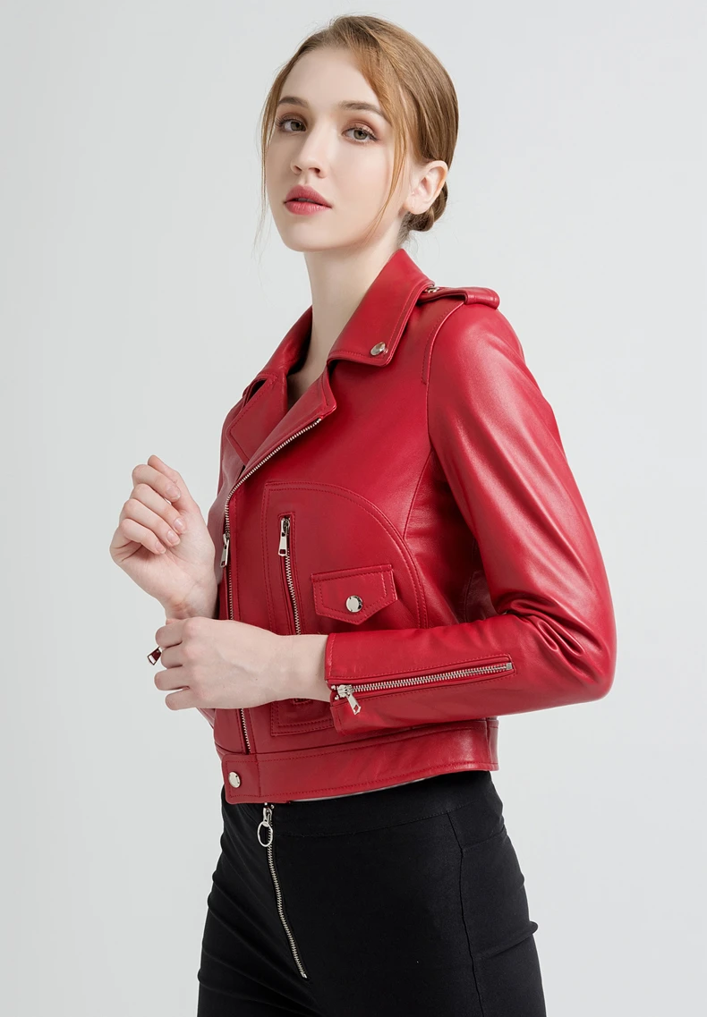 Gours Куртки из натуральной кожи для женщин, модная короткая мотоциклетная куртка черного и красного цвета, классический стиль панк, женские пальто из овчины 227