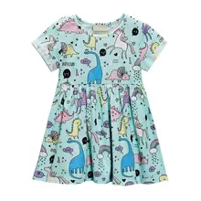 Летнее Повседневное платье с короткими рукавами и принтом динозавра для маленьких девочек, 18 мес.-6 лет детский праздничный Сарафан