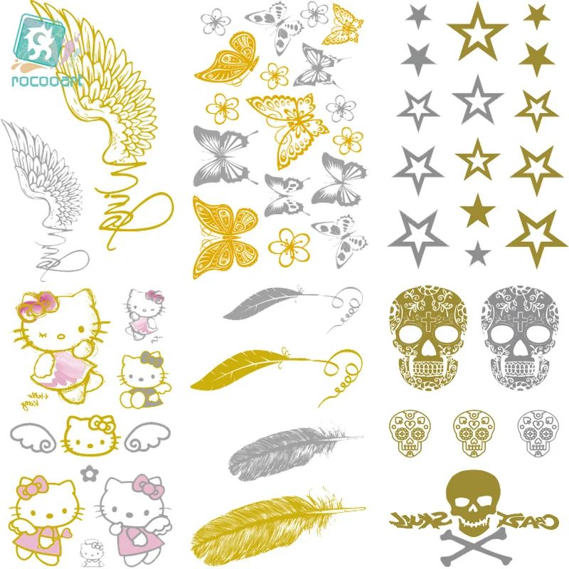 

Rocooart VH1 2018 Classical Waterproof Tattoo Golden Gold Butterfly Feather Christmas Glitter Metallic Temporary Tattoo Stickers