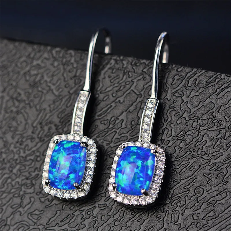 

Opal Drop Earrings For Women S925 Sterling Silver Rectangle Cubic Zirconia Ear Hook Brincos Bridal Wedding Fine Jewelry