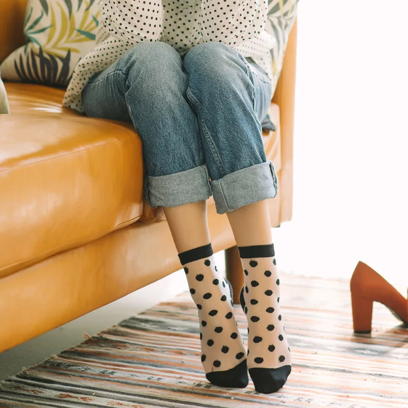 Cute Polka Dot Transparent Crystal Silk Socks Women Lace Mesh Short Nylon Socks Japanese Vintage Ultra-thin Net Summer Sock