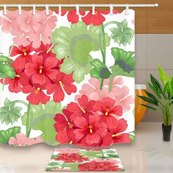 

Geranium Flowers and Leaves Waterproof Bathroom Fabric Shower Curtain