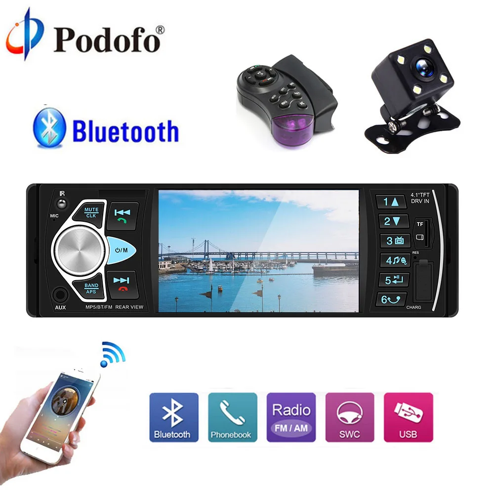 

Podofo 1 Din Car Radio Bluetooth Autoradio 4.1'' 12V FM USB AUX Audio Stereo With Steering Wheel Remote Control Rear View Camera