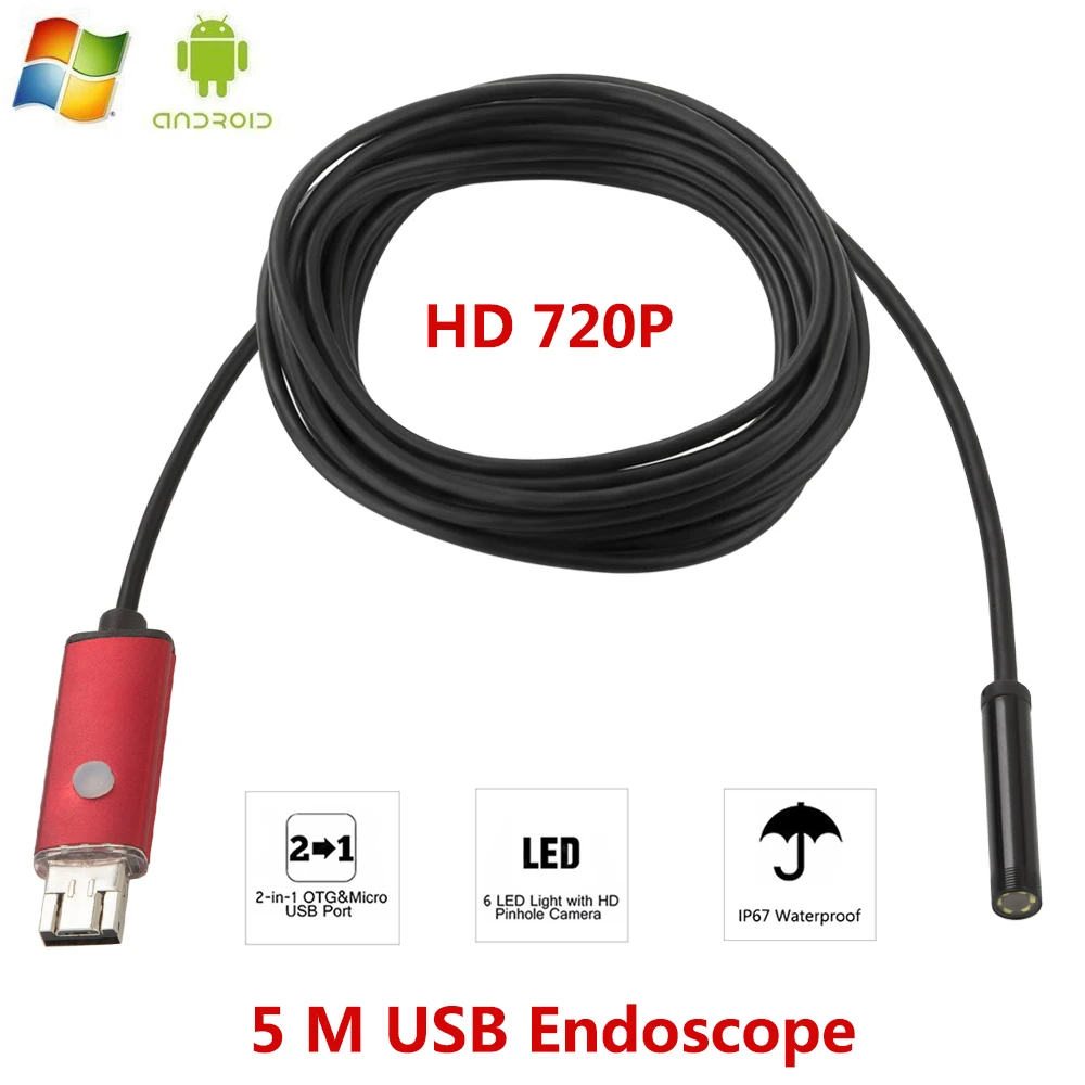 

5M Android USB Endoscope HD Camera 8mm IP67 Walterproof Snake USB Camera HD 720P Android Mobile USB Borescope