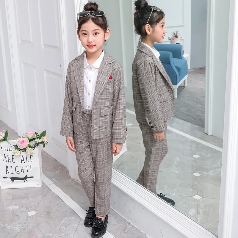 

2018 Kids Tuxedo Suit British Style Boys Girl Plaid Wedding Suit Blazer Set for Girls Jacket + Pants 2Pcs Gentleman Formal Suit