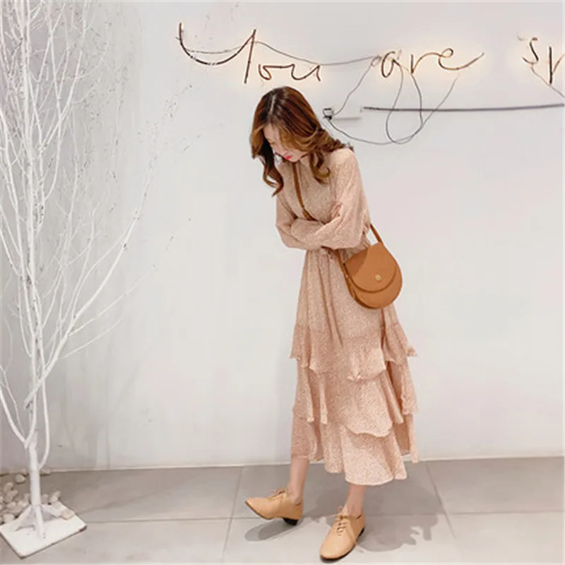 

2019 Spring Summer New Women Fashion Vintage Long Sleeve A-line Dress Female Print Ruffles Midi Dress X588