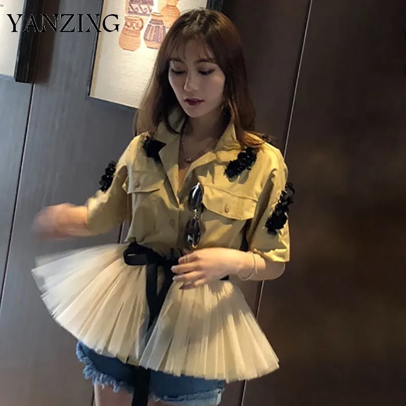 

Summer Casual Beading Patchwork Mesh Hem Women Shirt Laple Half Sleeve Lace Up Bow Button Pockets Female Top Clothing E237
