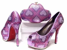 Hot selling Italian shoes and matching bag sets with rhinestones, African Fashion women shoes and bag lilac Color Size:38-42