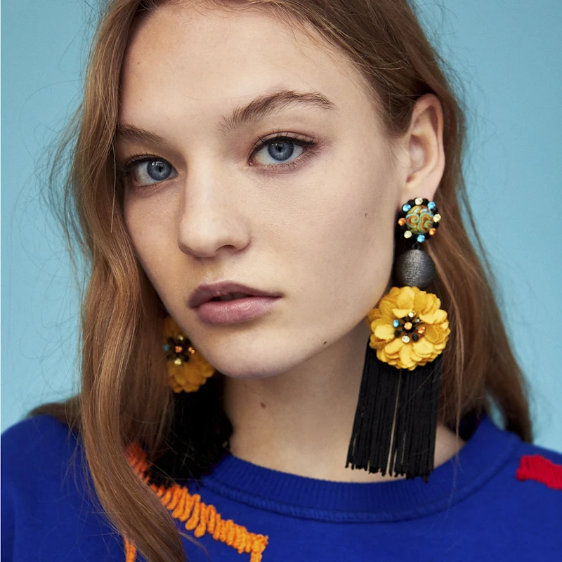 

Exaggerated Long Thread Statement Dangle Earrings Fabric Flower Big Drop Earrings pendientes ET137
