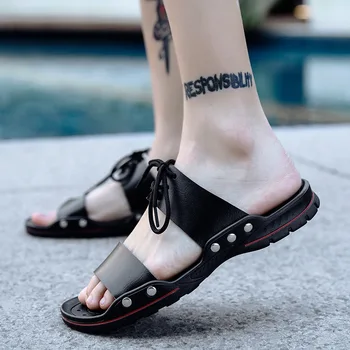 

Leather Men Shoes 2019 Summer Beach Sandals Fashion Flat Mens Sandals Non-slip Summer Holiday Shoes KA1408