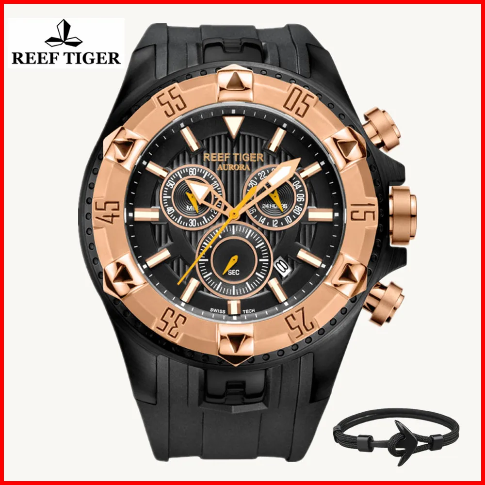 Reef Tiger brand Men's Luxury Swiss Sport Watches silicone Quartz Super