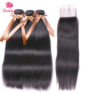 Beau Peruvian Straight Hair Extensions With Closure 4*4 2/3 Bundles Human Hair Weave With Lace Closure Non Remy Natural Color Beau Peruvian Straight Hair Extensions With Closure 4*4 2/3 Bundles Human Hair Weave With Lace Closure Non Remy Natural Color
