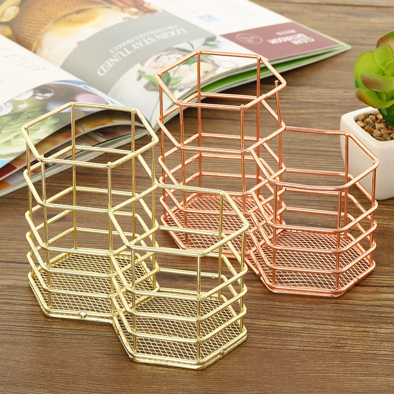 

Desktop Stationery Pencil Holder Pen Case Hexagon Iron Hollow Desktop Organizer Container Pen Storage Holder for Office Decor