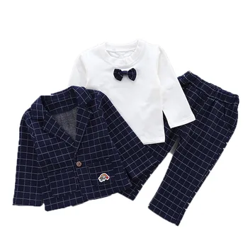 

Free shipping spring autumn children's striped Plaid bow tie baby boys suit gentleman three-piece sets