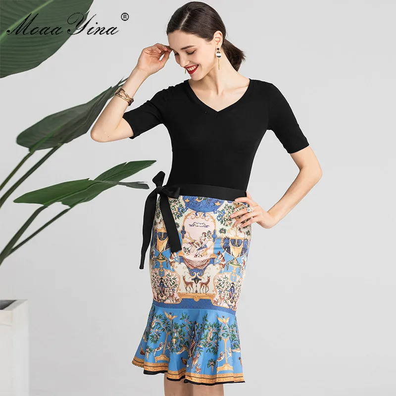 

MoaaYina Fashion Designer Set Summer Women Short sleeve V-neck Black Tops+Floral Package buttocks Mermaid Skirt Two-piece suit