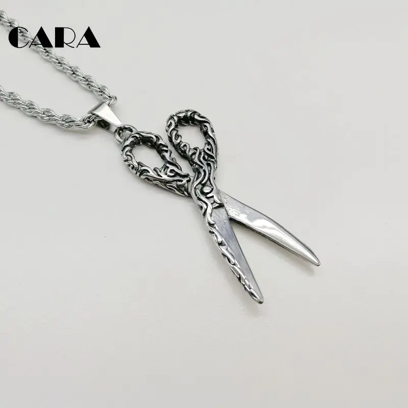 

2019 New Carved pattern scissors pendant necklace 316L Stainless steel vintage scissors necklace barber jewelry CARA0498