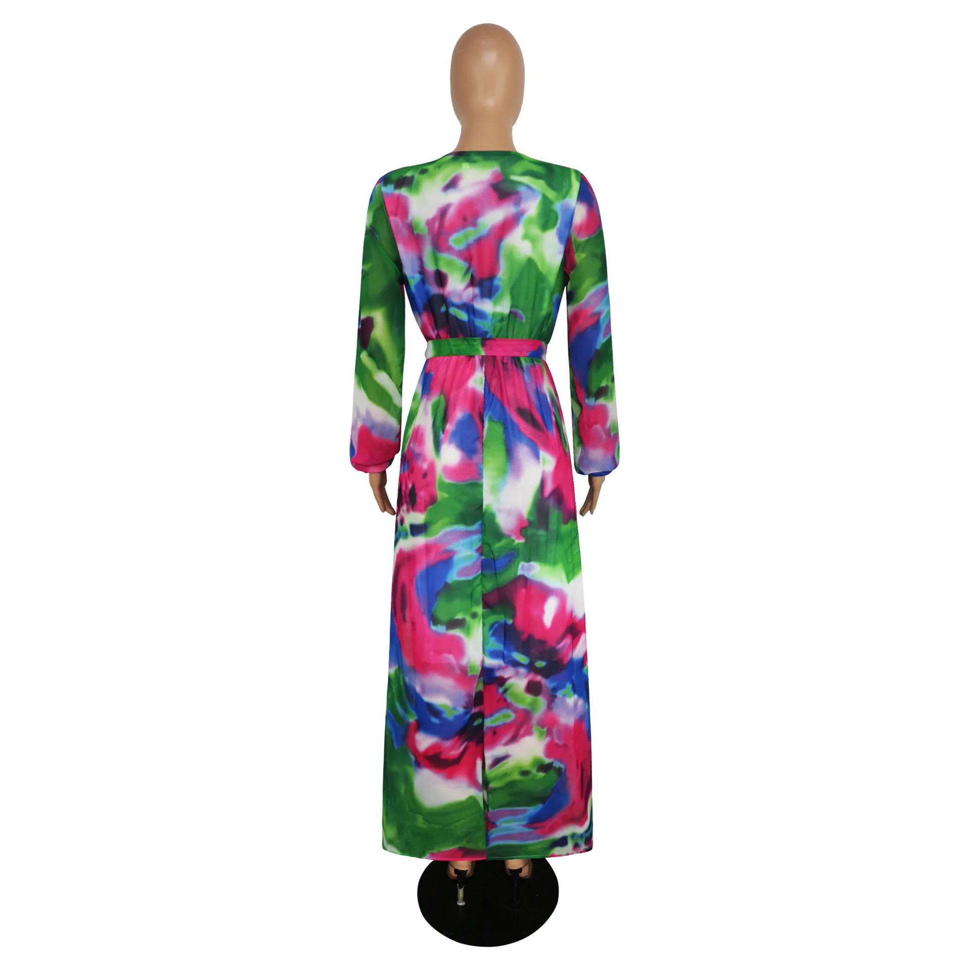 HAOOHU, женское Шифоновое Платье макси с принтом, с поясом, богемное, Пляжное, сексуальное, v-образный вырез, длинный рукав, платье, большой размер, Женская S-3XL-5XL