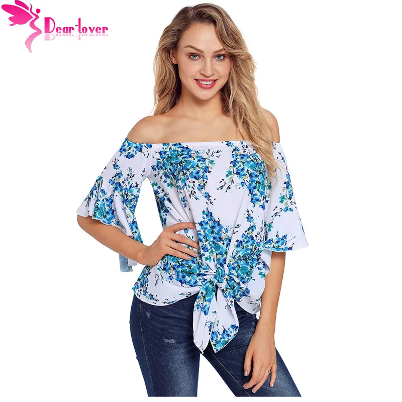 

Dear Lover Sexy Blouse Women Spring Navy Floral Tie Front Off The Shoulder Top Print Shirt Beach Tunic Blouse Plus Size LC251330