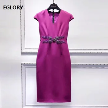 

Newest Fashion 2019 Summer Style Party Cocktail Women O-Neck Crystal Beading Short Sleeve Bodycon Purple Black Pencil Dress Midi
