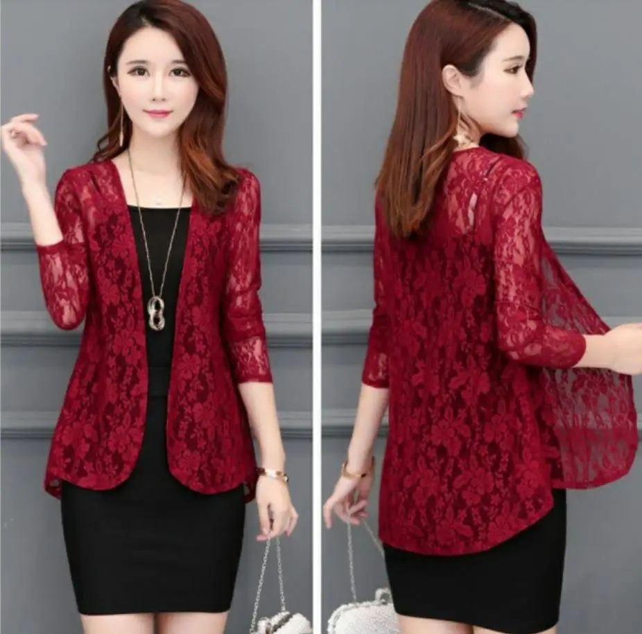 Lace shawl jacket 2019 summer short blouse outside thin section cardigan long sleeve sun protection clothing wild blouse shirt