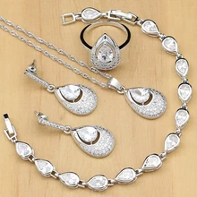 Натуральное серебро 925 пробы, свадебные ювелирные изделия, Белый CZ Кристалл, ювелирные наборы для женщин, юбилейные серьги с камнями, браслет, ожерелье, набор