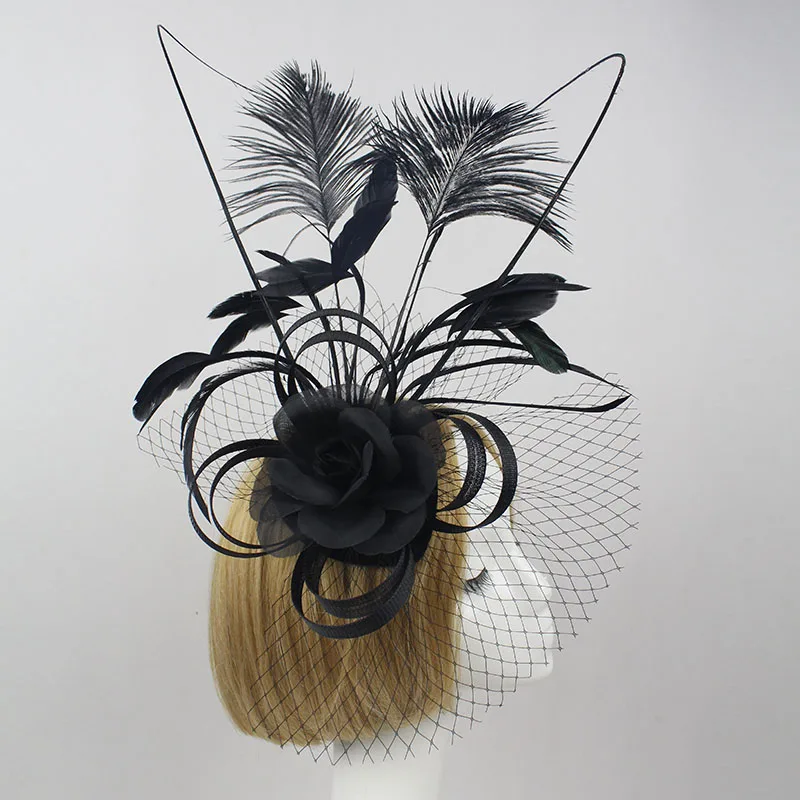 

New Arival Adult Bridal Feather Black Mesh Wedding Hat Lady fascinators Vintage Elegant Feather Cocktail Party Hair Headband