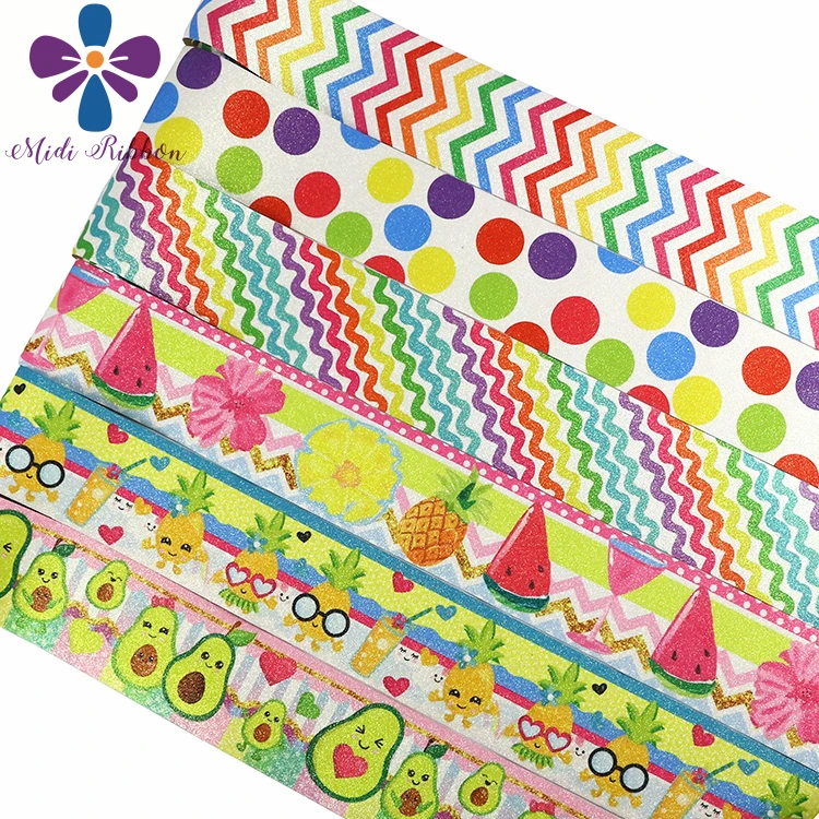 

3"75mm Colorful Waves Dots Fruits Flower Printed Shiny Glitter Leather Fabric Ribbon DIY Party Sewing Accessories 50yards/roll