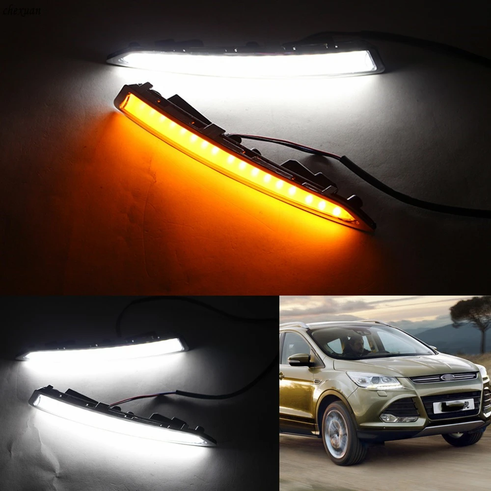 

CSCSNL 1 Pair Led DRL Daytime Running Lights For Ford Kuga Escape 2013 2014 2015 2016 Fog Light Cover With Trun Yellow Signal