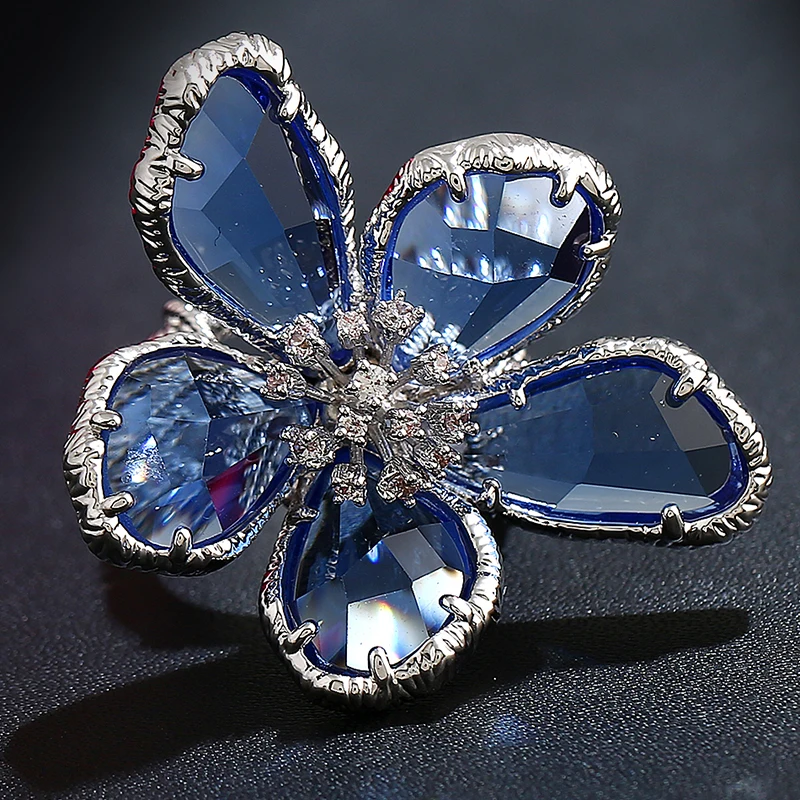 

Anel Feminino Fashion 2017 New Blue Crystals Super Big Flower Ring Cubic Zirconia Cool Punk Cocktail Party Ring Women Jewelry