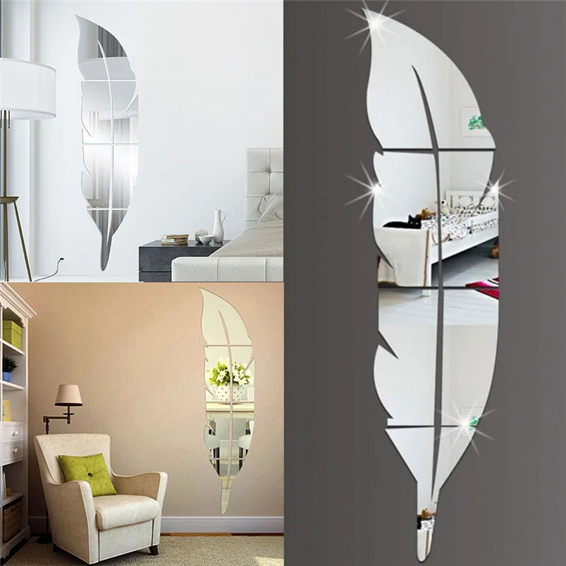 Feather Mirror Wall Sticker Decal Art Wall Sticker Home Room DIY Decor Wall Stickers Living Room Offer Dropshipping #FS04 (2)