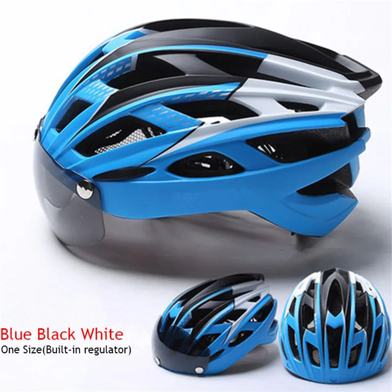 Защитные велосипедные шлемы для верховой езды, ветрозащитные шлемы с очками для горной дороги, MTB, велосипедные шлемы, съемные линзы, дышащие - Цвет: blue black white