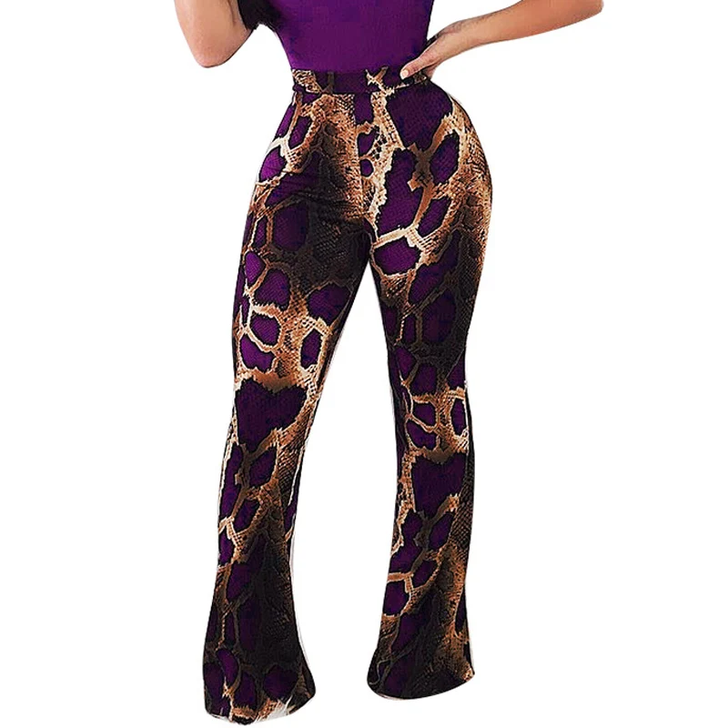 

Snake Printed Elegant Flare Pant For Women 2018 Blue Sexy High Waist Push Up Bell Bottom Casual Purple Wide Leg Pants Trouser