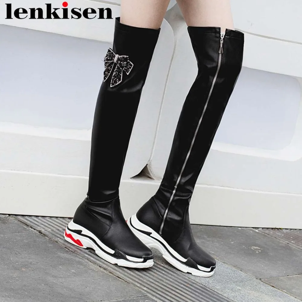 

Lenkisen high quality round toe thick med bottom platform fur butterfly-knot decpration zipper large size thigh high boots L24