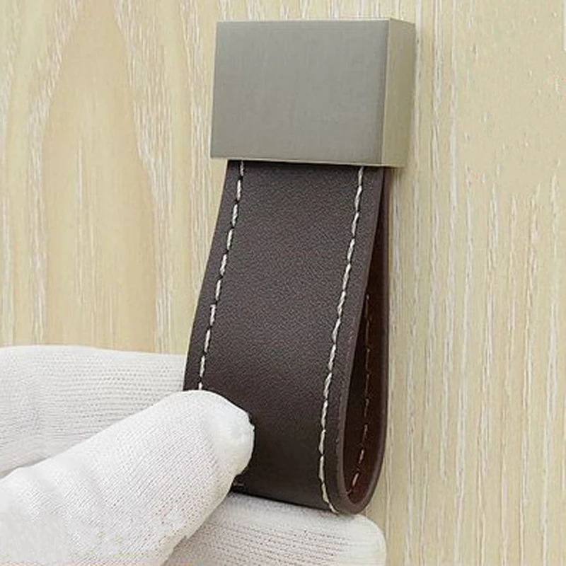 

Hardware leather handle Zinc alloy coffee wardrobe handle Single hole drawer small knobs Rectangular cabinet safety pulls
