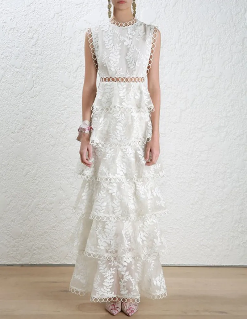 

Women Sleeveless Runway Party Cake Long Dress 2019 Summer Designer Womans White Lace Hollow Out Patchwork Slim Long Dresses