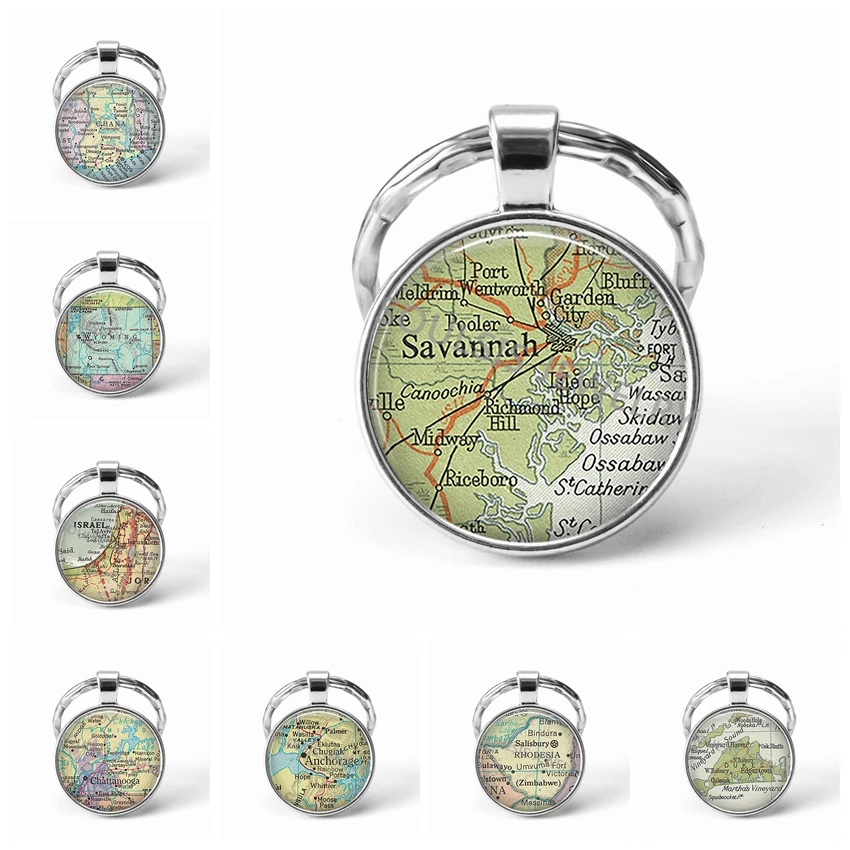 

2019 Newest Metal Keychain Handmade Vintage Israel World Map Earth Geography Key Chain Glass Dome Keychains for Men Women Gift