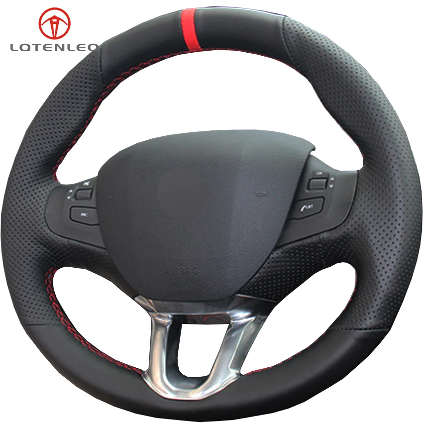 LQTENLEO Black Genuine Leather DIY Hand stitched Car Steering Wheel