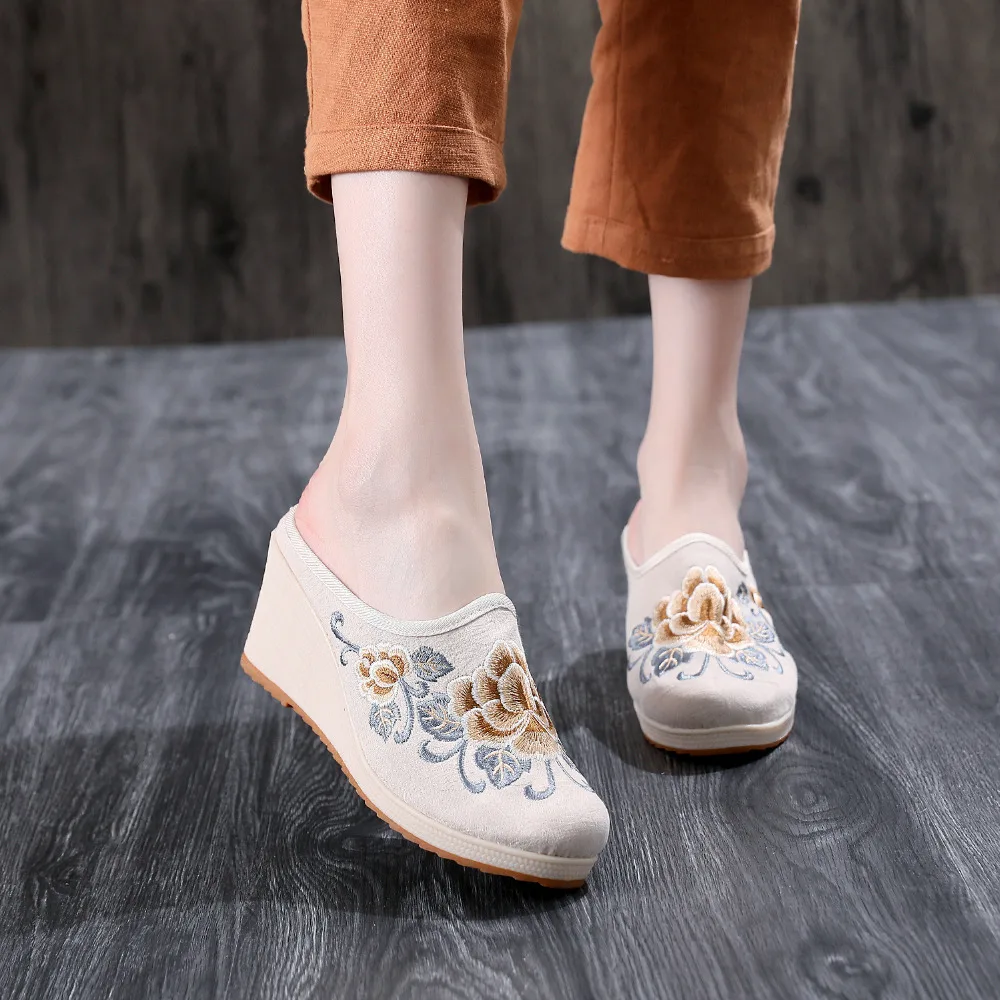 Veowalk/женские парусиновые шлёпанцы с вышивкой в стиле «Старый Пекин»; женские туфли на танкетке и высоком каблуке; удобная женская обувь на платформе из льна и хлопка