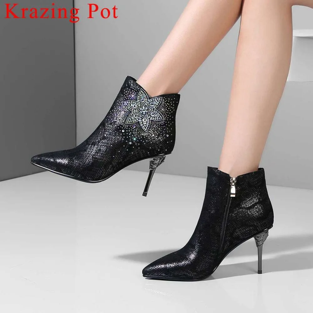 

2019 kid suede high thin heels metal zipper british oxford pointed toe european superstars crystals decoration ankle boots L73